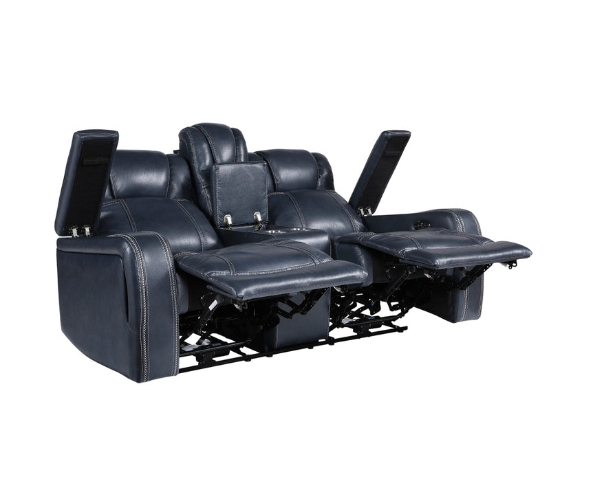 Homelegance - Keziah Power Double Reclining Love Seat with Center Console, Power Headrests and Storage Arms in Blue - 9640BU-2PWH