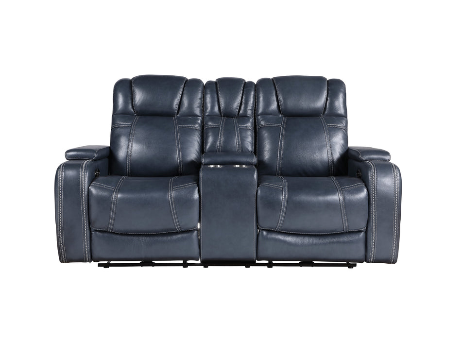 Homelegance - Keziah Power Double Reclining Love Seat with Center Console, Power Headrests and Storage Arms in Blue - 9640BU-2PWH