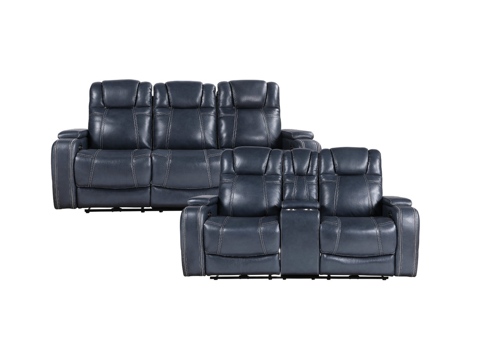 Homelegance - Keziah Power Double Reclining Love Seat with Center Console, Power Headrests and Storage Arms in Blue - 9640BU-2PWH