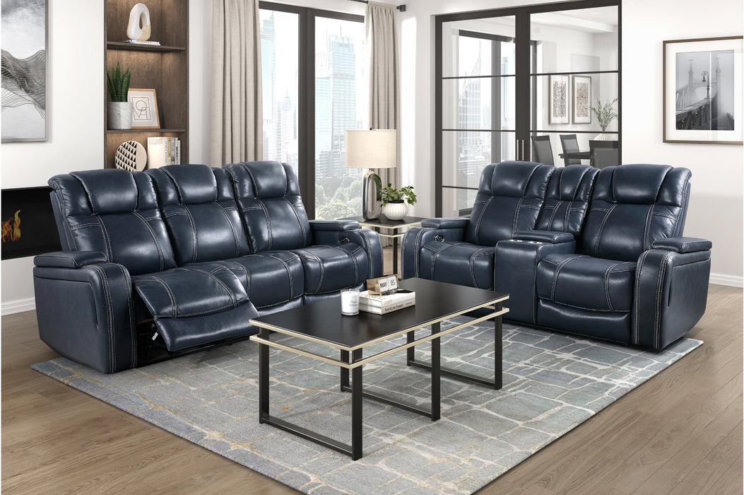Homelegance - Keziah Power Double Reclining Love Seat with Center Console, Power Headrests and Storage Arms in Blue - 9640BU-2PWH