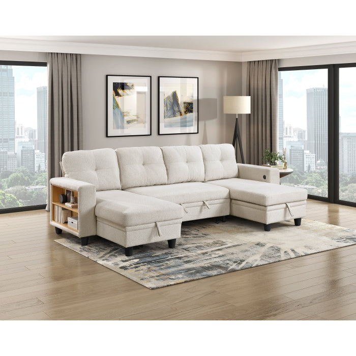Homelegance - Robinson Sectional with Two Chaises, Pull-out Bed, Shelves and Charging Ports in Beige - 9705BE*42AVC - GreatFurnitureDeal