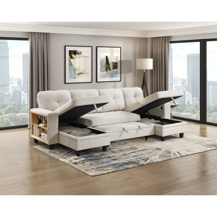 Homelegance - Robinson Sectional with Two Chaises, Pull-out Bed, Shelves and Charging Ports in Beige - 9705BE*42AVC - GreatFurnitureDeal