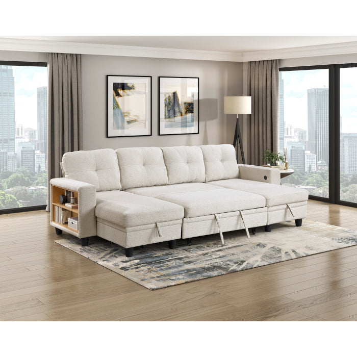 Homelegance - Robinson Sectional with Two Chaises, Pull-out Bed, Shelves and Charging Ports in Beige - 9705BE*42AVC - GreatFurnitureDeal