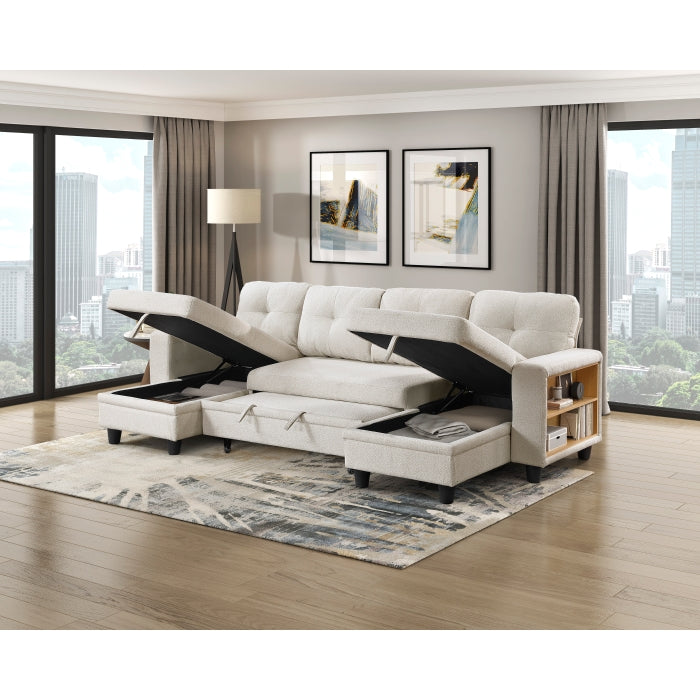 Homelegance - Robinson Sectional with Two Chaises, Pull-out Bed, Shelves and Charging Ports in Beige - 9705BE*42AVC - GreatFurnitureDeal