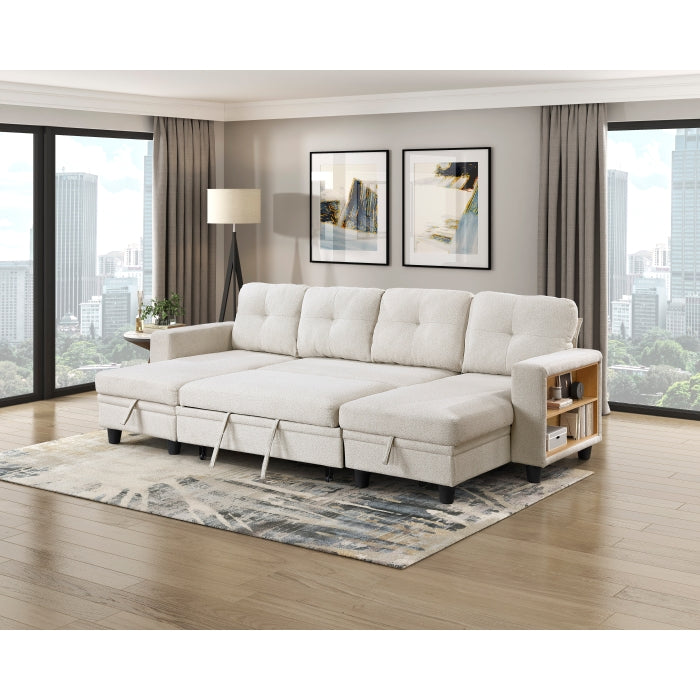 Homelegance - Robinson Sectional with Two Chaises, Pull-out Bed, Shelves and Charging Ports in Beige - 9705BE*42AVC - GreatFurnitureDeal