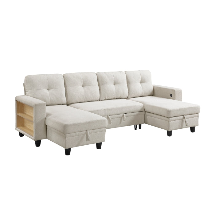 Homelegance - Robinson Sectional with Two Chaises, Pull-out Bed, Shelves and Charging Ports in Beige - 9705BE*42AVC - GreatFurnitureDeal