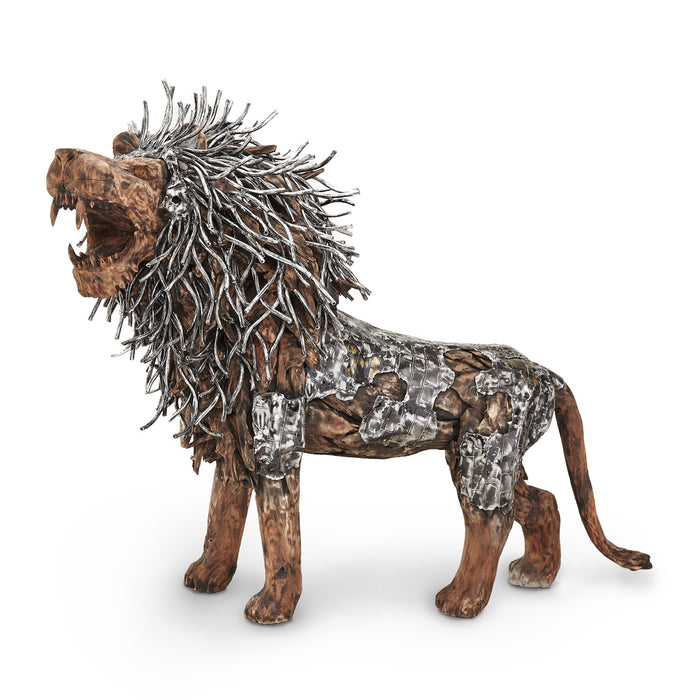 AICO Furniture - Wood Crafted Walking Lion W/Almnm.&Gold Accent,Left Facing - ACF-ARF-LION-001