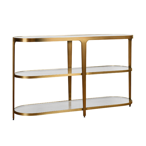 Worlds Away - Addison Three Tier Glass Top Racetrack Console In Antique Brass - ADDISON ABR - GreatFurnitureDeal