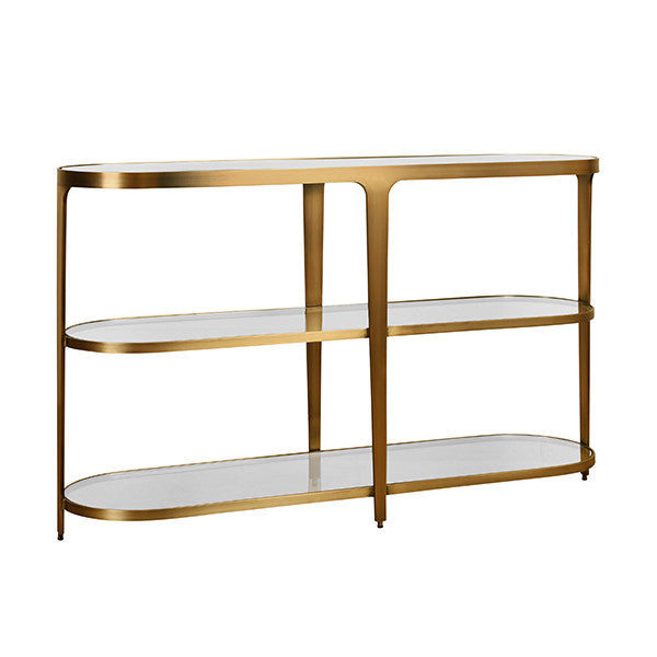Worlds Away - Addison Three Tier Glass Top Racetrack Console In Antique Brass - ADDISON ABR - GreatFurnitureDeal