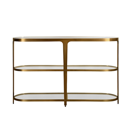 Worlds Away - Addison Three Tier Glass Top Racetrack Console In Antique Brass - ADDISON ABR - GreatFurnitureDeal