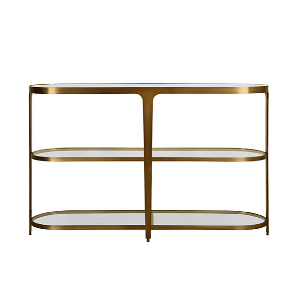 Worlds Away - Addison Three Tier Glass Top Racetrack Console In Antique Brass - ADDISON ABR - GreatFurnitureDeal