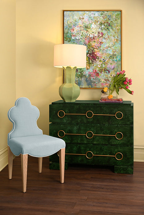 Worlds Away - Adelaide Clover Back Dining Chair With Cerused Oak Legs Upholstered In Performance Light Blue Linen With White Linen Welt - ADELAIDE LB