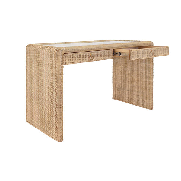 Worlds Away - Two Drawer Waterfall Edge Desk In Woven Rattan With Glass Top - ADRIEN - GreatFurnitureDeal