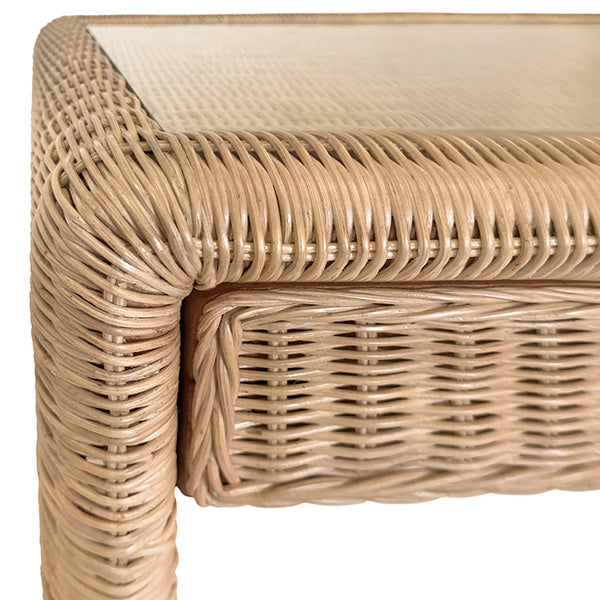 Worlds Away - Two Drawer Waterfall Edge Desk In Woven Rattan With Glass Top - ADRIEN - GreatFurnitureDeal