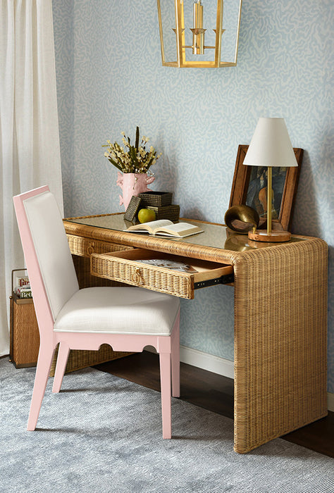 Worlds Away - Lanister Square Back Dining Chair With Decorative Apron In Matte Pink Lacquer With Performance White Linen Upholstery - LANISTER PI