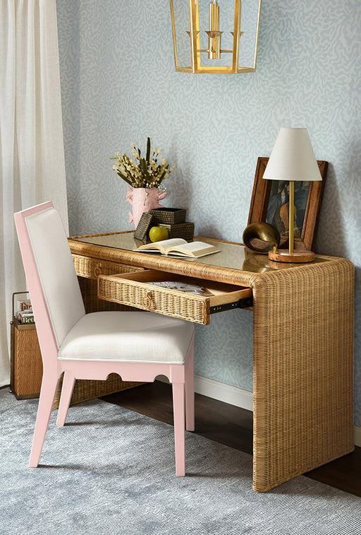 Worlds Away - Lanister Square Back Dining Chair With Decorative Apron In Matte Pink Lacquer With Performance White Linen Upholstery - LANISTER PI - GreatFurnitureDeal
