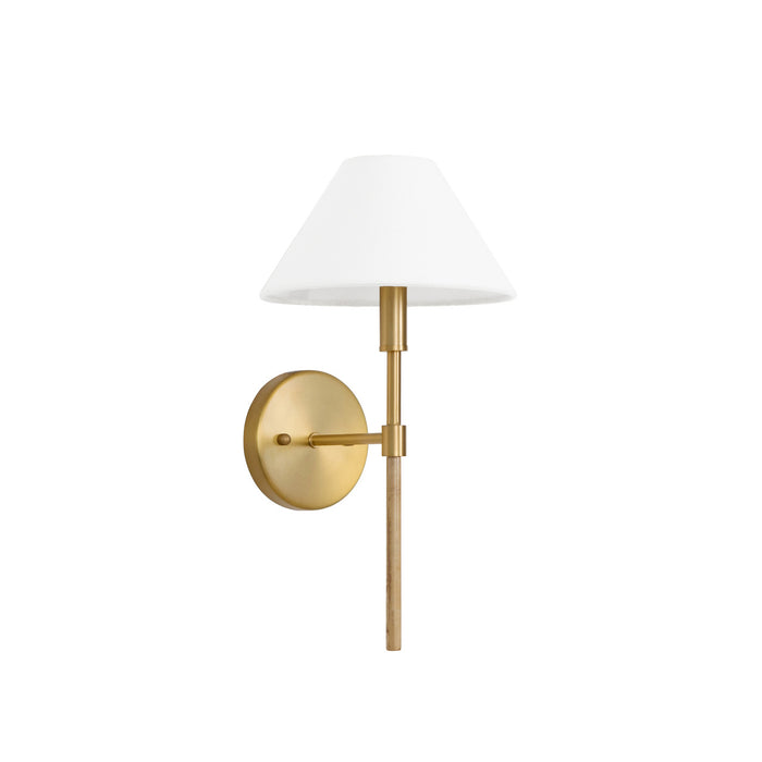 Worlds Away - Alfie One Light Sconce With White Linen Coolie Shade in Brushed Brass and Burl Wood - ALFIE BW