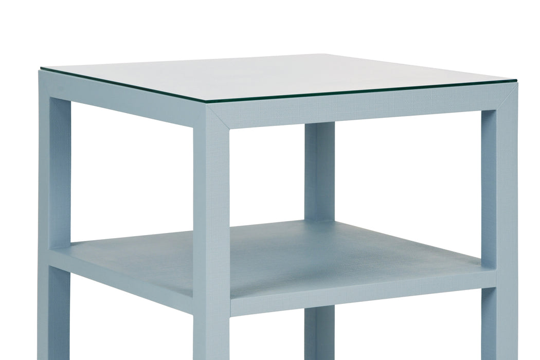 Worlds Away - Amie Three Tier Square Side Table in Textured Light Blue Linen - AMIE LB - GreatFurnitureDeal