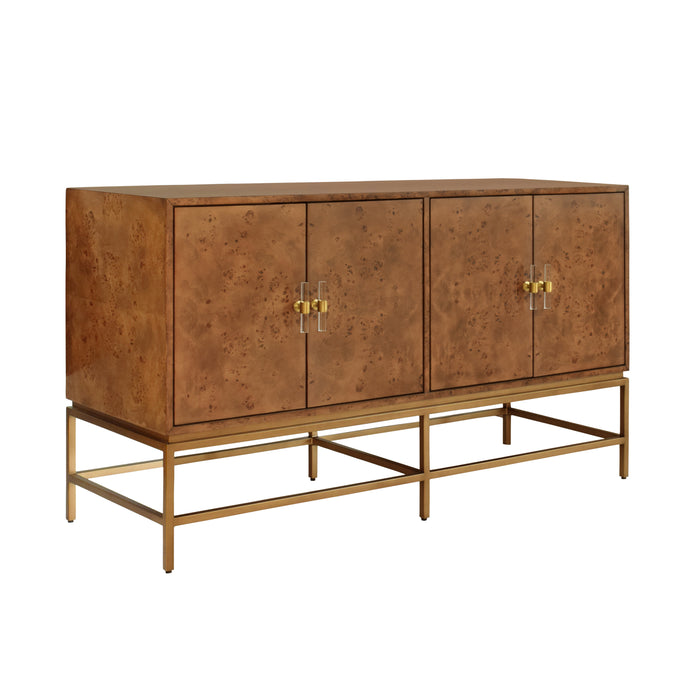 Worlds Away - Four Door Buffet With Antique Brass Metal Base In Dark Burl Wood - ARIEL DBW - GreatFurnitureDeal