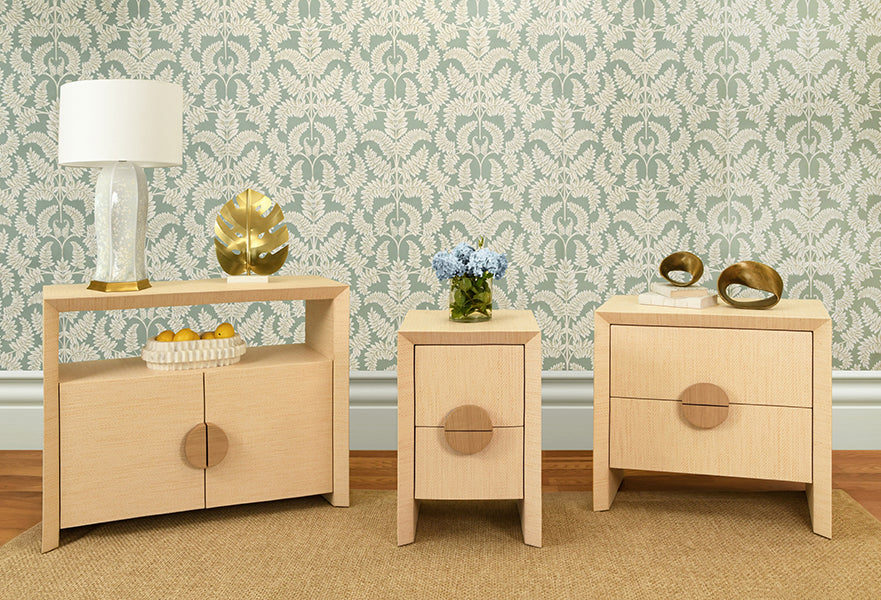 Worlds Away - Aspen Two Door Console Table With Open Shelf In Natural Grasscloth - ASPEN NAT - GreatFurnitureDeal