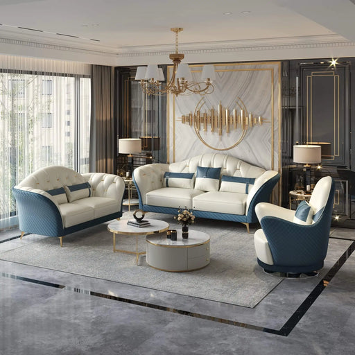 European Furniture - Amalia Sofa Off White-Blue Italian Leather - EF-28042-S - GreatFurnitureDeal