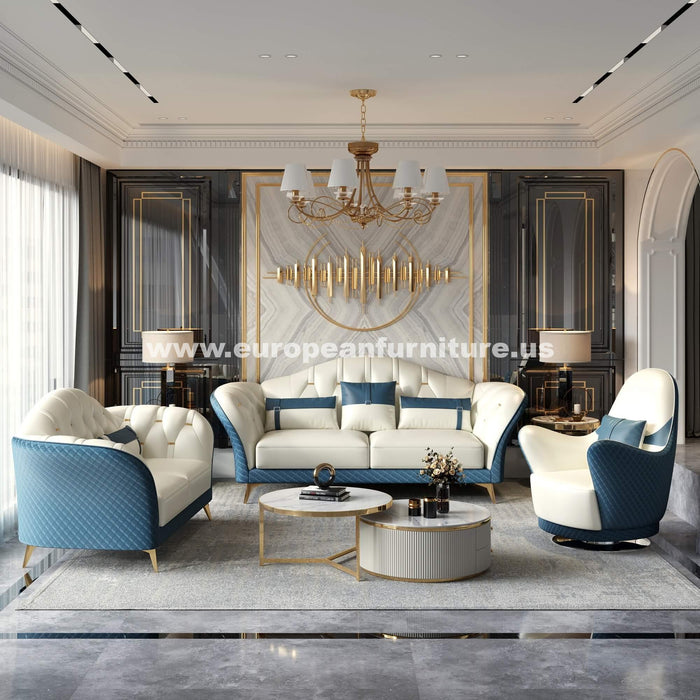 European Furniture - Amalia 3 Piece Sofa Set Off White-Blue Italian Leather - EF-28042