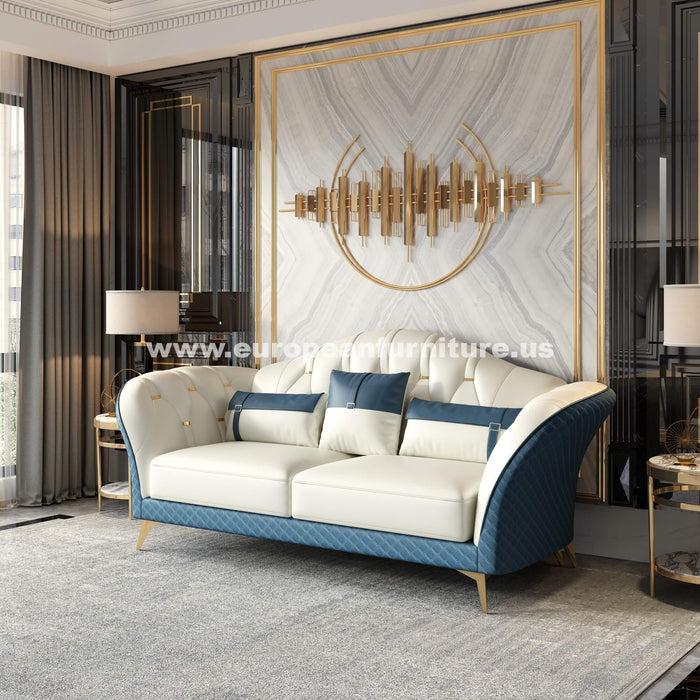 European Furniture - Amalia Sofa Off White-Blue Italian Leather - EF-28042-S