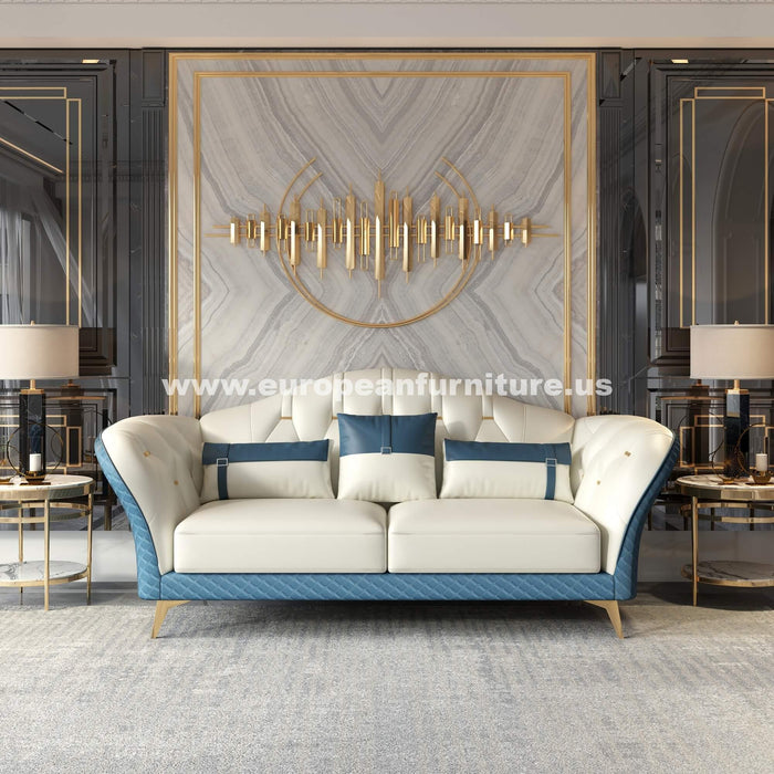 European Furniture - Amalia Sofa Off White-Blue Italian Leather - EF-28042-S