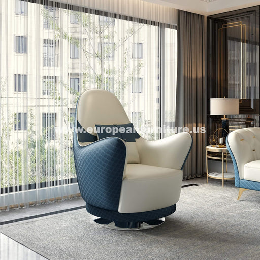 European Furniture - Amalia Swivel Chair Off White-Blue Italian Leather - EF-28042-C - GreatFurnitureDeal