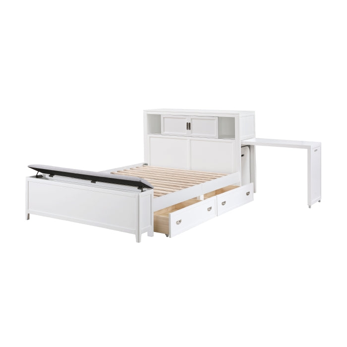 Homelegance - Sloane Full Bookcase Bed with Hidden Desk, Stool and Storage Bench in White - B2024WHBCF-1 - GreatFurnitureDeal