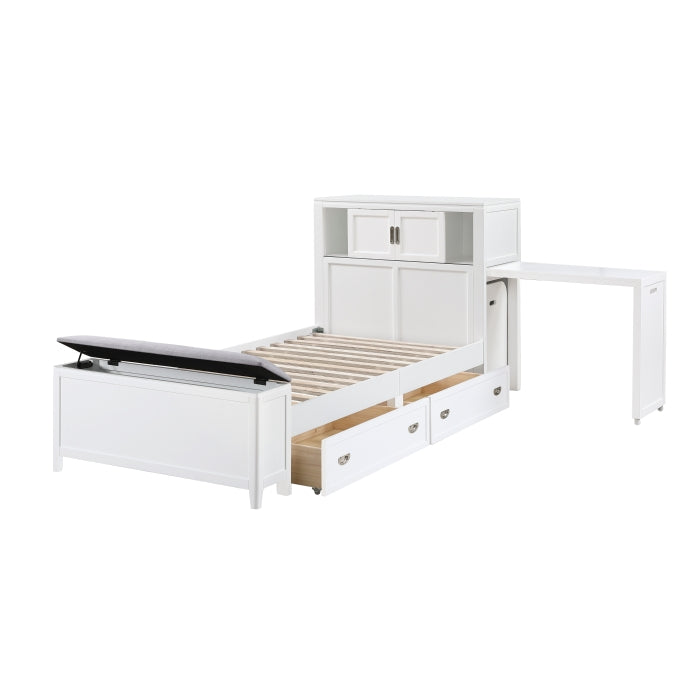 Homelegance - Sloane Twin Bookcase Bed with Hidden Desk, Stool and Storage Bench in White - B2024WHBC-1 - GreatFurnitureDeal