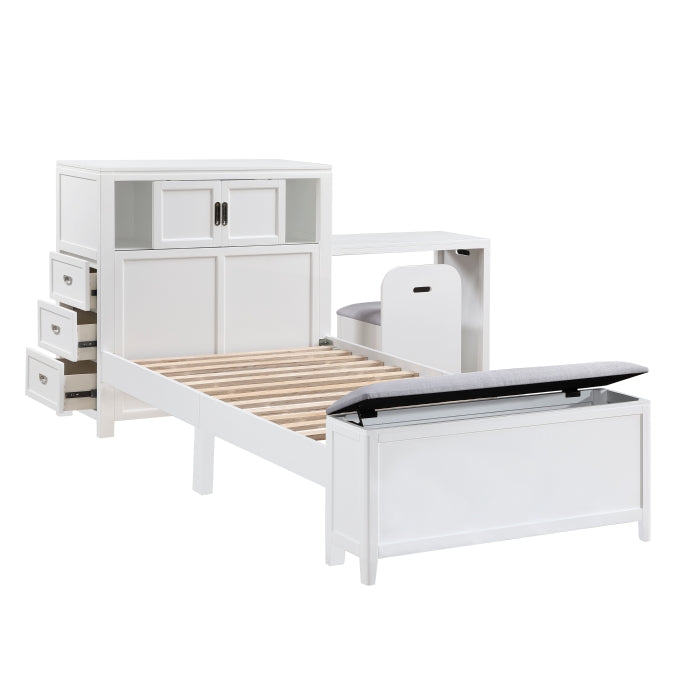 Homelegance - Sloane Twin Bookcase Bed with Hidden Desk, Stool and Storage Bench in White - B2024WHBC-1 - GreatFurnitureDeal