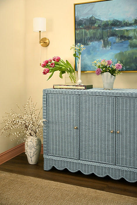 Worlds Away - Beatrice Four Door Buffet With Brass Hardware In Painted Light Blue Rattan - BEATRICE LB