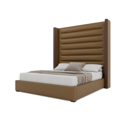 Nativa Interiors - Irenne Horizontal Channel Tufted Eco-Leather High 87" King Caramel Bed - BED-IRENNE-HC-HI-KN-VIN-CARAMEL - GreatFurnitureDeal