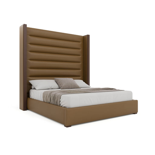 Nativa Interiors - Irenne Horizontal Channel Tufted Eco-Leather High 87" California King Caramel Bed - BED-IRENNE-HC-HI-CA-VIN-CARAMEL - GreatFurnitureDeal