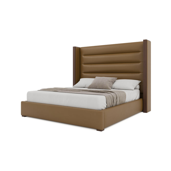 Nativa Interiors - Irenne Horizontal Channel Tufted Eco-Leather Medium 67" Queen Caramel Bed - BED-IRENNE-HC-MID-QN-VIN-CARAMEL - GreatFurnitureDeal