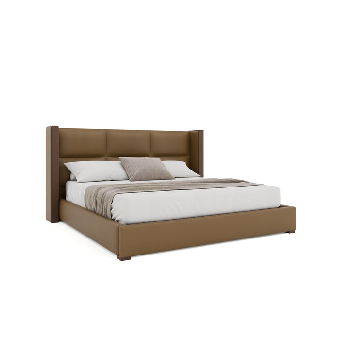 Nativa Interiors - Irenne Square Eco-Leather Low 47" Queen Caramel Bed - BED-IRENNE-SQ-LOW-QN-VIN-CARAMEL - GreatFurnitureDeal