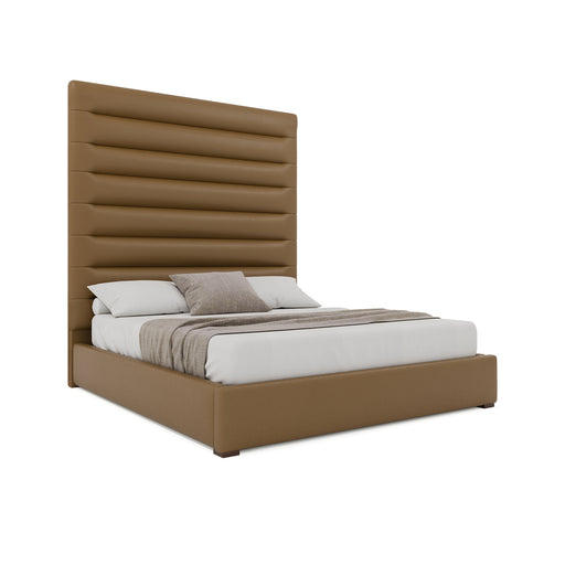 Nativa Interiors - Moyra Horizontal Channel Tufted Eco-Leather High 87" California King Caramel Bed - BED-MOYRA-HC-HI-CA-VIN-CARAMEL - GreatFurnitureDeal