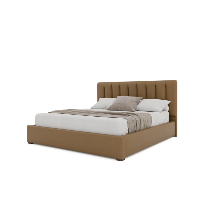 Nativa Interiors - Moyra Vertical Channel Tufted Eco-Leather Low 47" Queen Caramel Bed - BED-MOYRA-VC-LOW-QN-VIN-CARAMEL - GreatFurnitureDeal