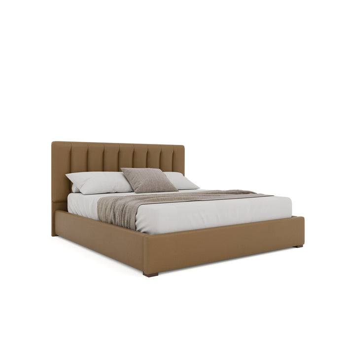 Nativa Interiors - Moyra Vertical Channel Tufted Eco-Leather Low 47" Queen Caramel Bed - BED-MOYRA-VC-LOW-QN-VIN-CARAMEL - GreatFurnitureDeal