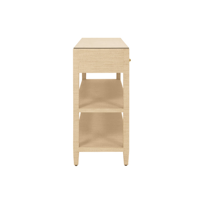 Worlds Away - Briar Three Drawer Console With Two Open Shelves in Natural Grasscloth - BRIAR NAT - GreatFurnitureDeal
