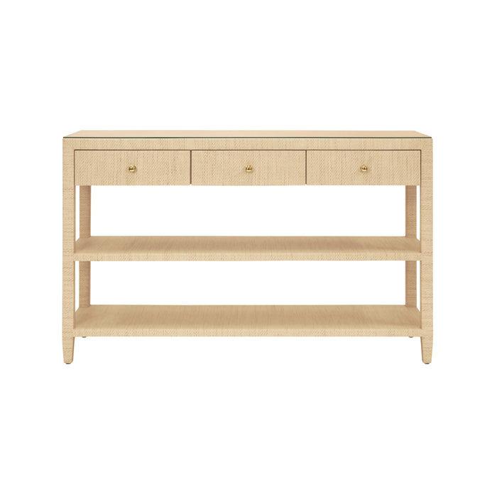Worlds Away - Briar Three Drawer Console With Two Open Shelves in Natural Grasscloth - BRIAR NAT - GreatFurnitureDeal