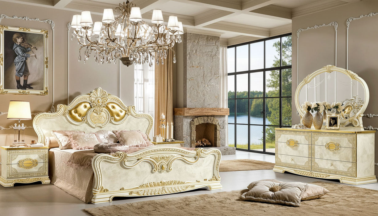 ESF Furniture - Leonardo 5 Piece Bedroom Queen Panel Bed Set in Ivory-Gold - LEONARDOBEDQ.S-5SET - GreatFurnitureDeal