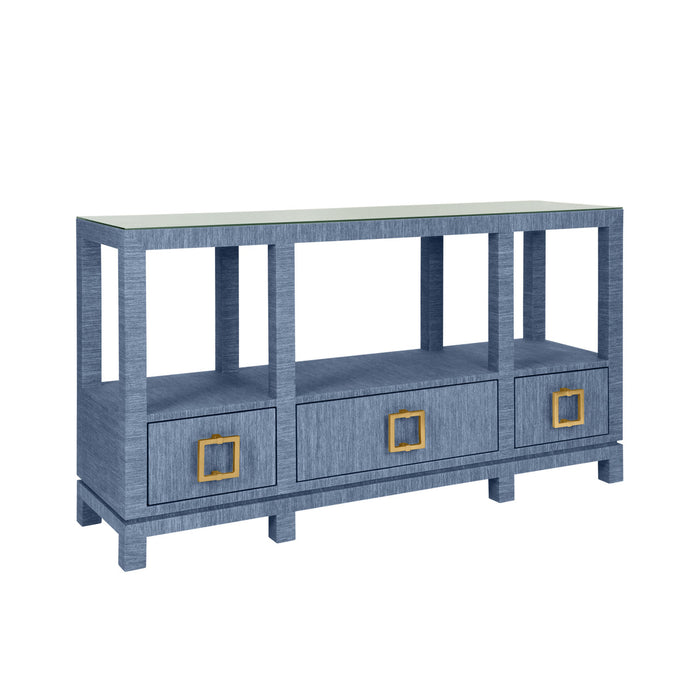 Worlds Away - Campbell Open Shelf Console With Three Bottom Drawers And Square Satin Brass Hardware In Dyed Blue Grasscloth - CAMPBELL BL