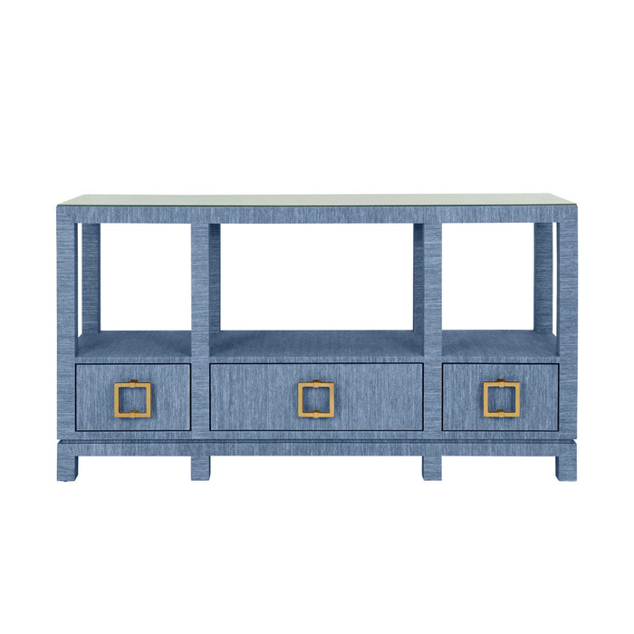Worlds Away - Campbell Open Shelf Console With Three Bottom Drawers And Square Satin Brass Hardware In Dyed Blue Grasscloth - CAMPBELL BL