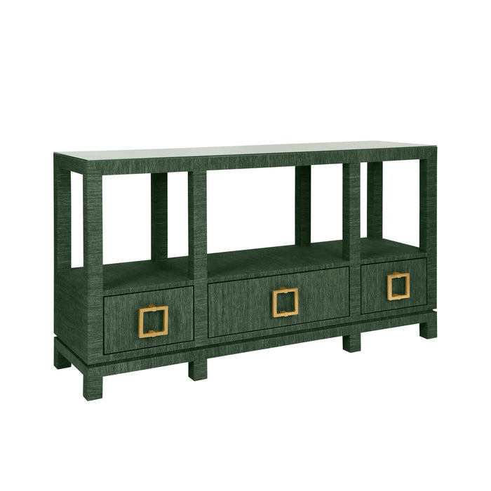 Worlds Away - Campbell Open Shelf Console With Three Bottom Drawers And Square Satin Brass Hardware In Dyed Green Grasscloth - CAMPBELL GR