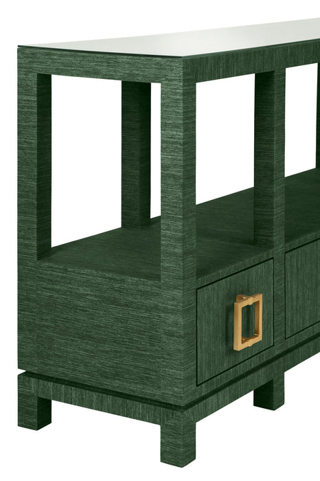 Worlds Away - Campbell Open Shelf Console With Three Bottom Drawers And Square Satin Brass Hardware In Dyed Green Grasscloth - CAMPBELL GR