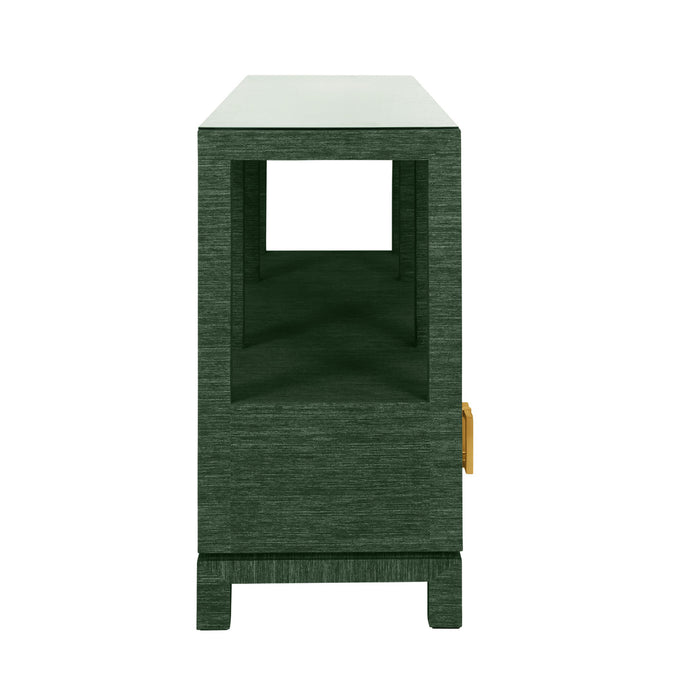 Worlds Away - Campbell Open Shelf Console With Three Bottom Drawers And Square Satin Brass Hardware In Dyed Green Grasscloth - CAMPBELL GR