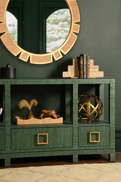 Worlds Away - Campbell Open Shelf Console With Three Bottom Drawers And Square Satin Brass Hardware In Dyed Green Grasscloth - CAMPBELL GR