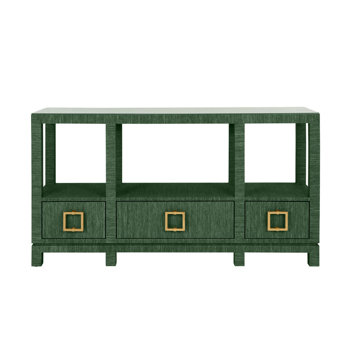 Worlds Away - Campbell Open Shelf Console With Three Bottom Drawers And Square Satin Brass Hardware In Dyed Green Grasscloth - CAMPBELL GR